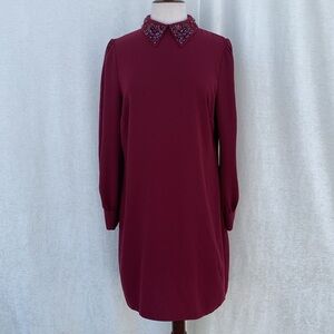 Trina Turk Burgundy Embellished Collar Long Sleeve Dress